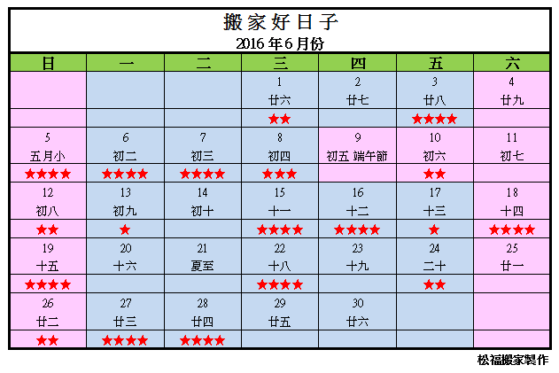 【搬家好日子】2016年6月份