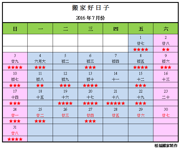 【搬家好日子】2016年7月份