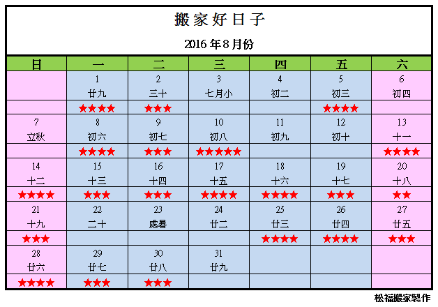 【搬家好日子】2016年8月份