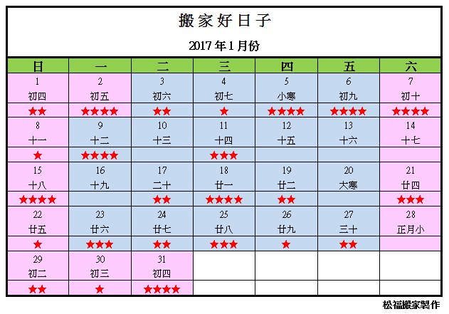 【搬家好日子】2017年1月份