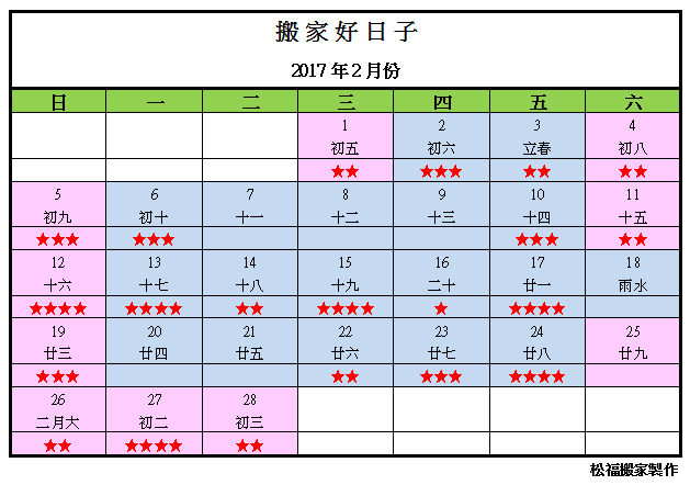 【搬家好日子】2017年2月份