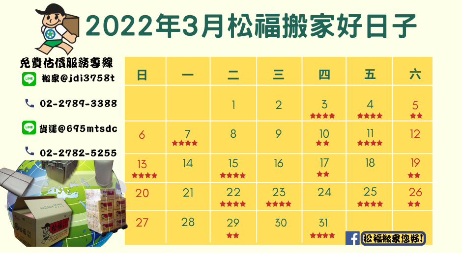 『2022年3月搬家好日子』請找松福搬家,推薦台北搬家、公司搬遷、精緻搬家、免動手打包、搬家公司優質首選!