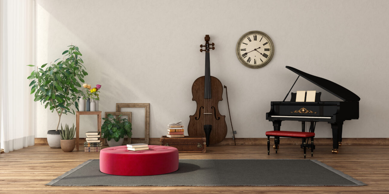 Music room with grand piano and double bass , hardwood floor and white wall- 3d rendering